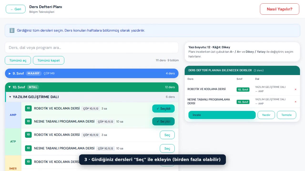 Ders Defteri Planı Nasıl Yazdırılır?